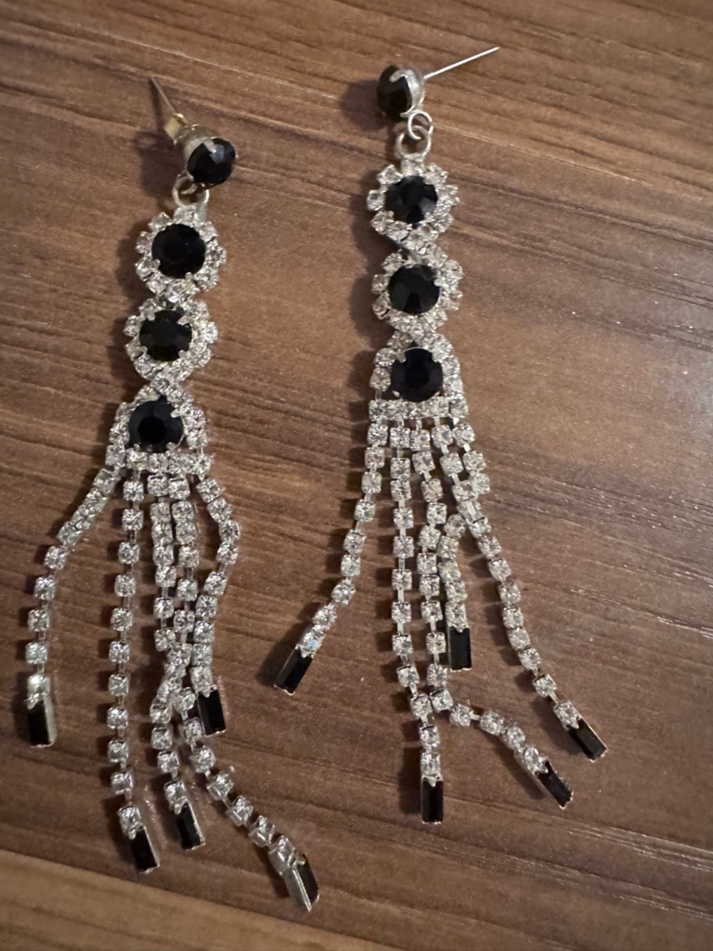 VINTAGE Dangle Crystal Fringe Earrings with Black Stones